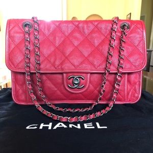 Chanel French Riviera Quilted Large Flap Bag Caviar Red with Gun Metal Hardware